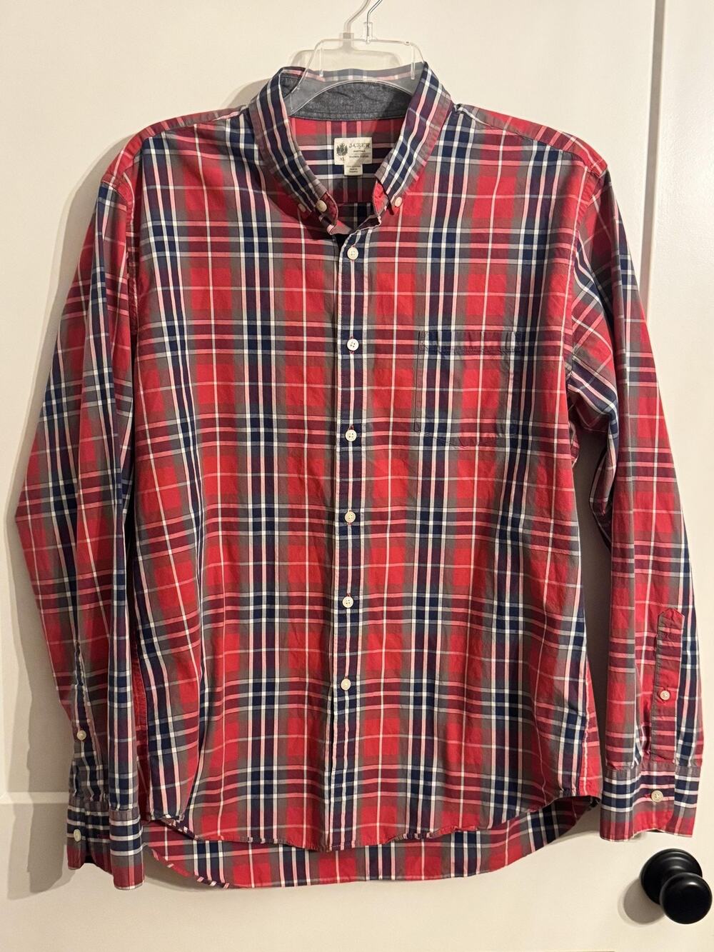 J.Crew Shirt Mens XL Red Plaid Washed Tartan Long Sleeve Button Down Pocket prep